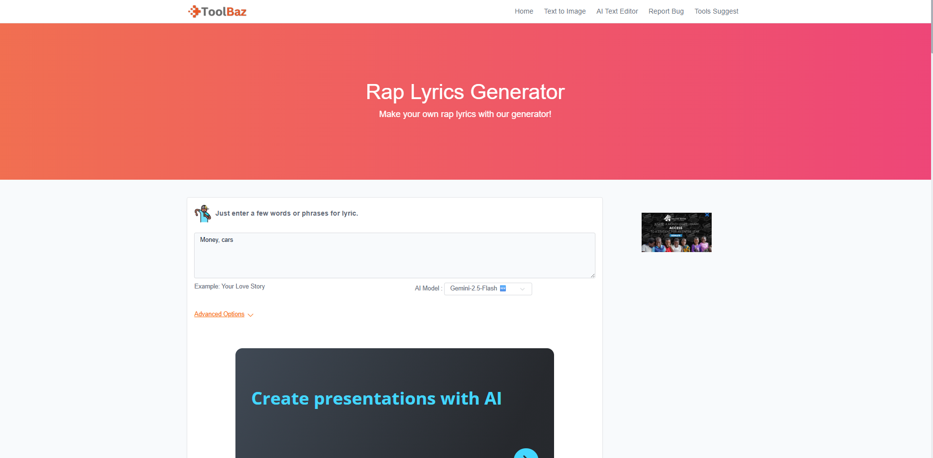 Interface of ToolBaz - another free AI rap generator