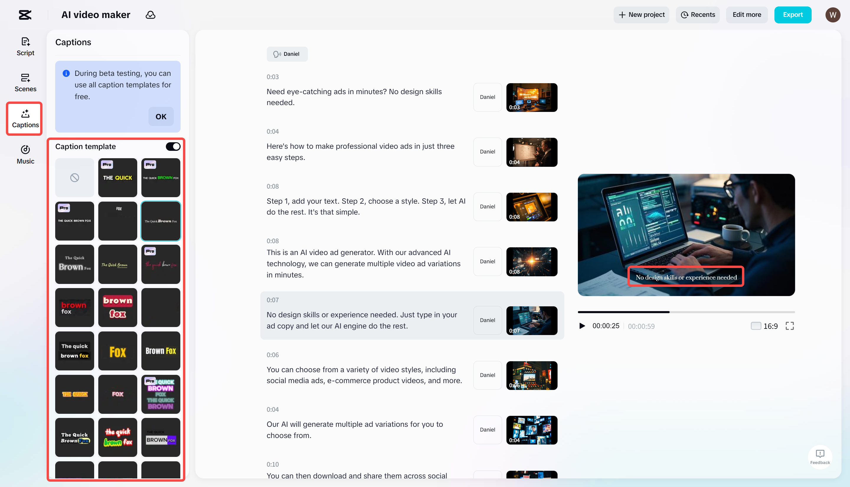 Adding captions to generated video in CapCut's AI video maker tool