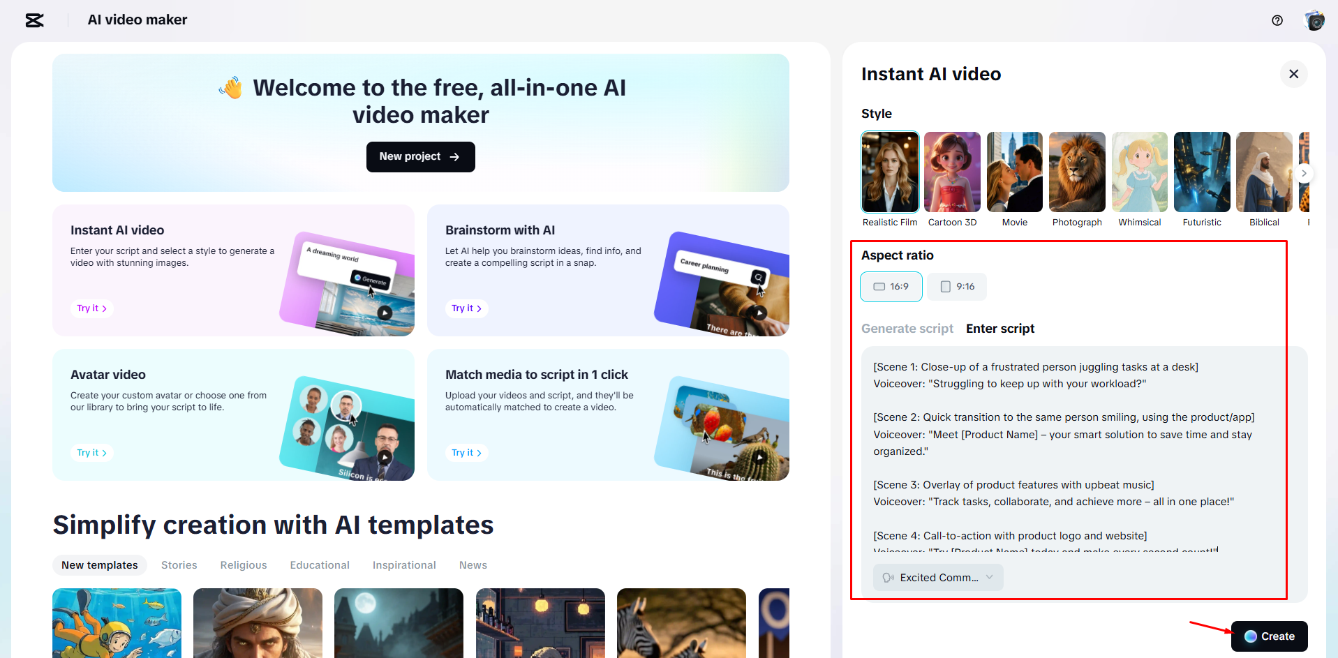 Forgatókönyv átalakítása videóvá a CapCut Web segítségével