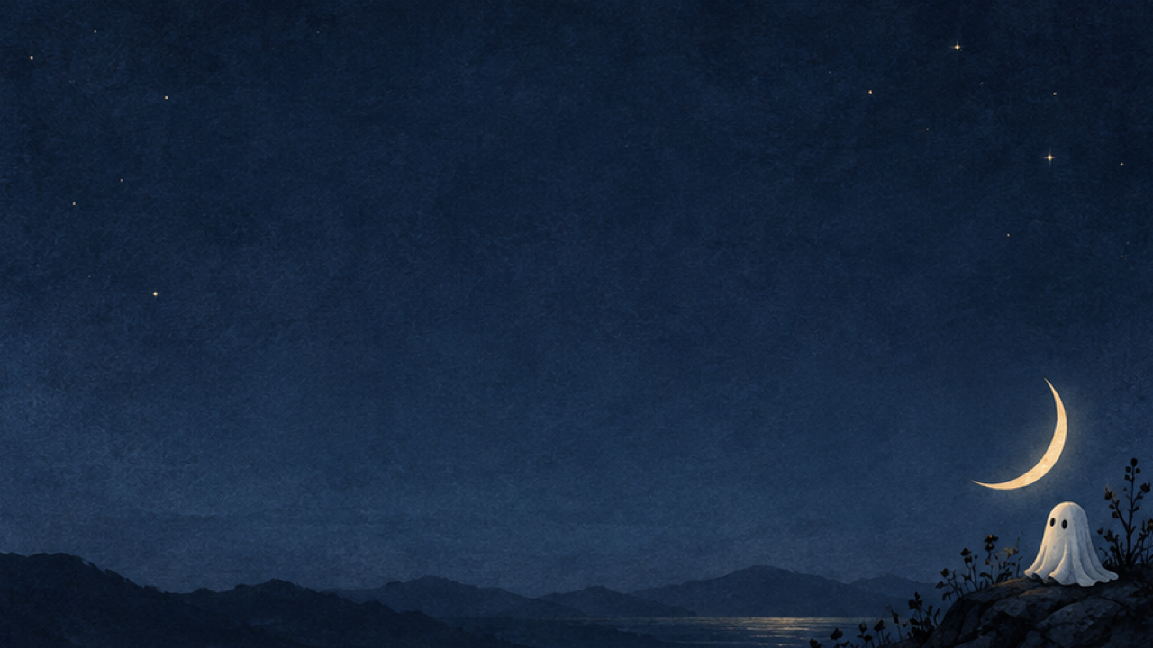 Minimal ink-blue wallpaper, tiny ivory moon and ghost on right edge, broad calm center and left for screen content.