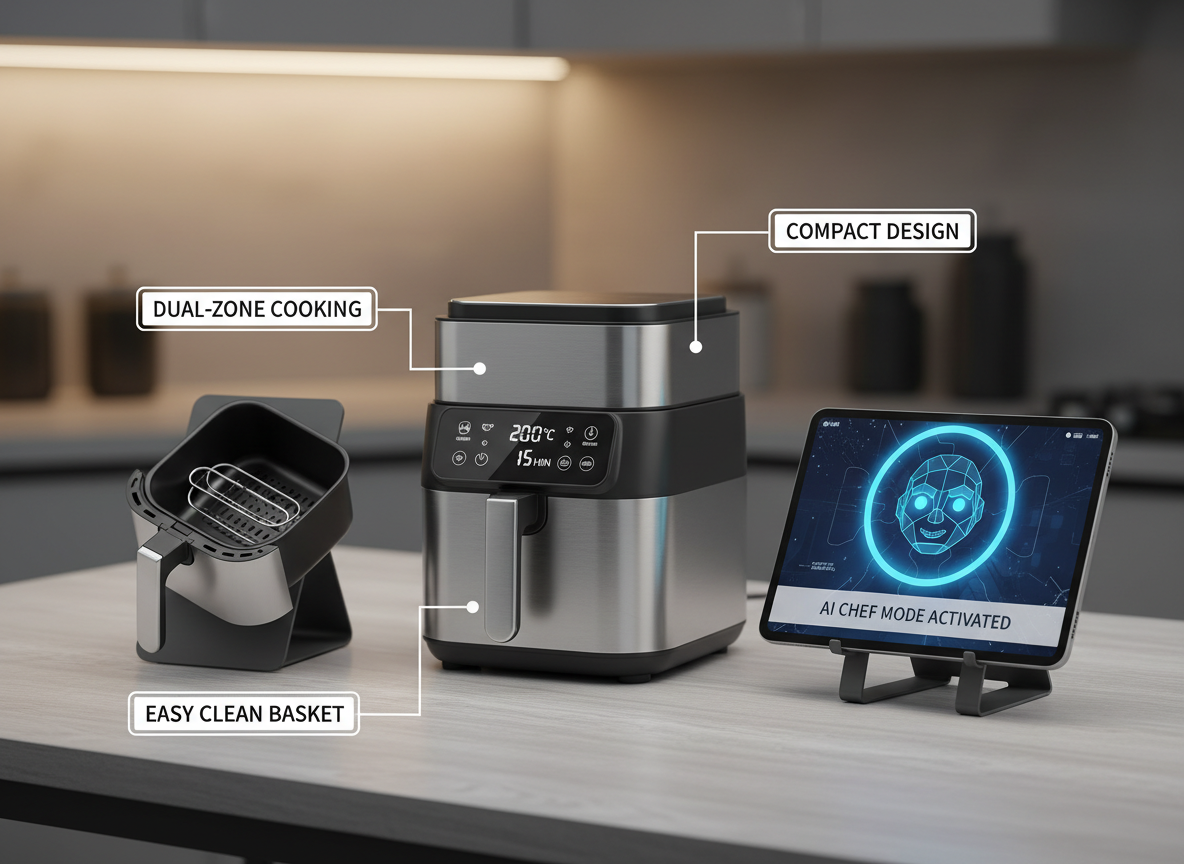 AI avatar explainer beside a compact kitchen gadget; product photos with spec labels and on-screen subtitles for an ecommerce listing.