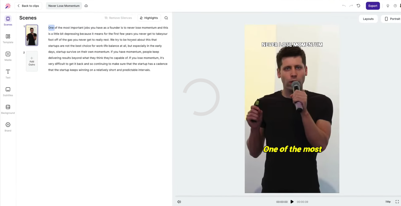 Schnittstelle von Vizard.ai - das ideale Werkzeug zur Erstellung von KI-Untertiteln für Videos