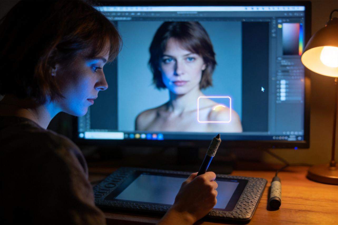 Person editing a portrait on a computer screen with a highlighted area on the shoulder