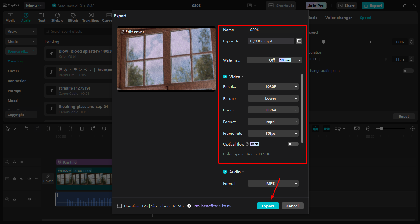 Exporting video after adding sound effects from the CapCut desktop video editor