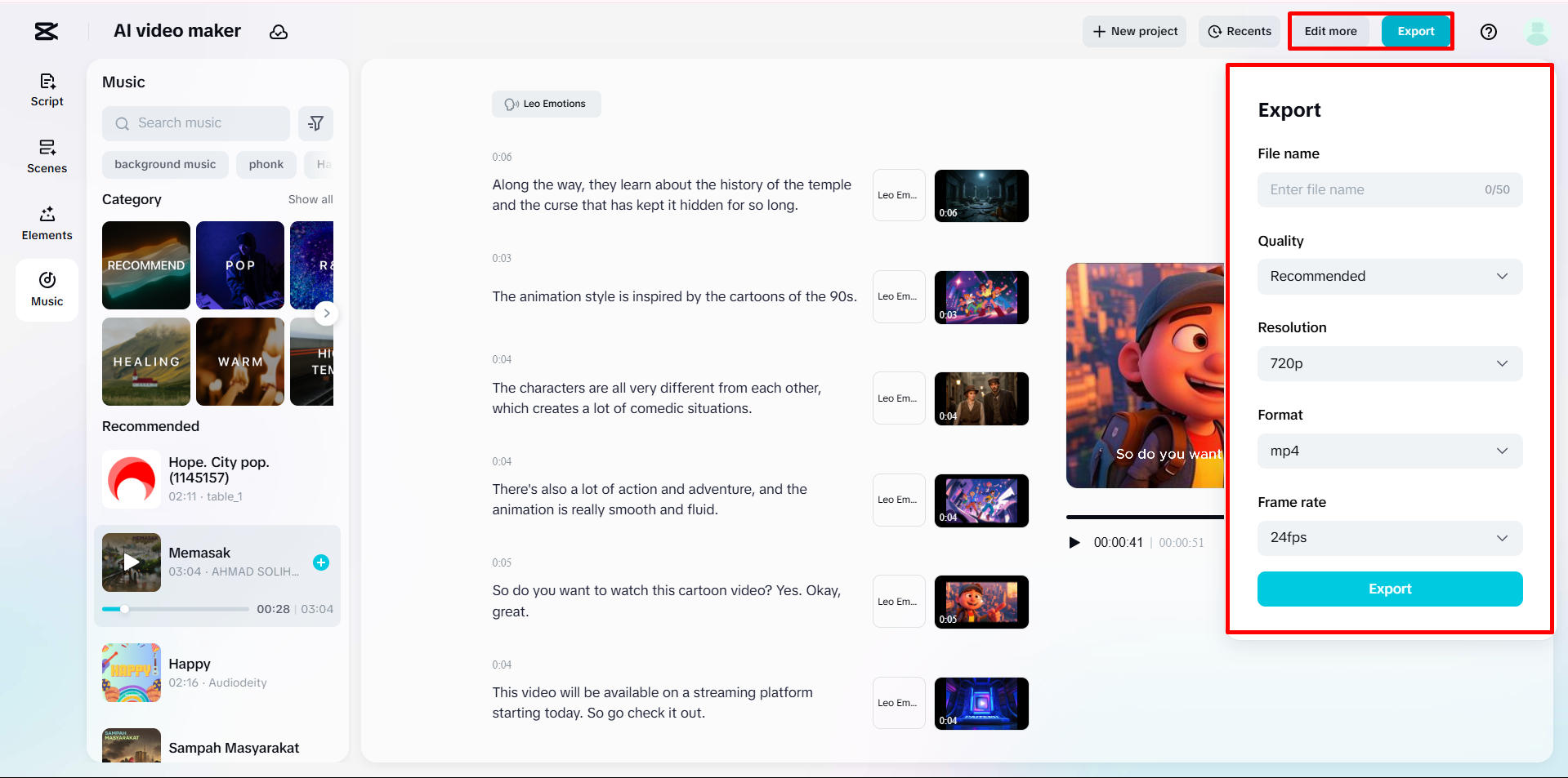 A végső videó exportálása a CapCut Web AI videókészítőjéből