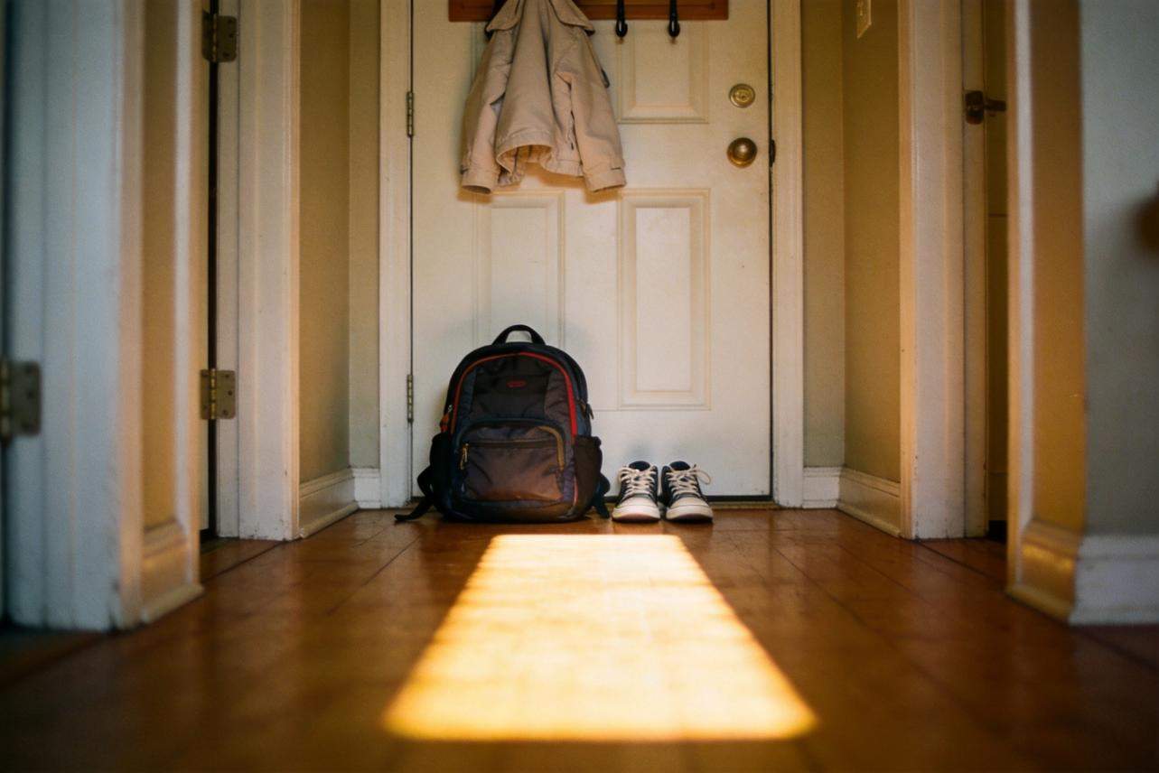Backpack and sneakers by a front door with a jacket hanging above