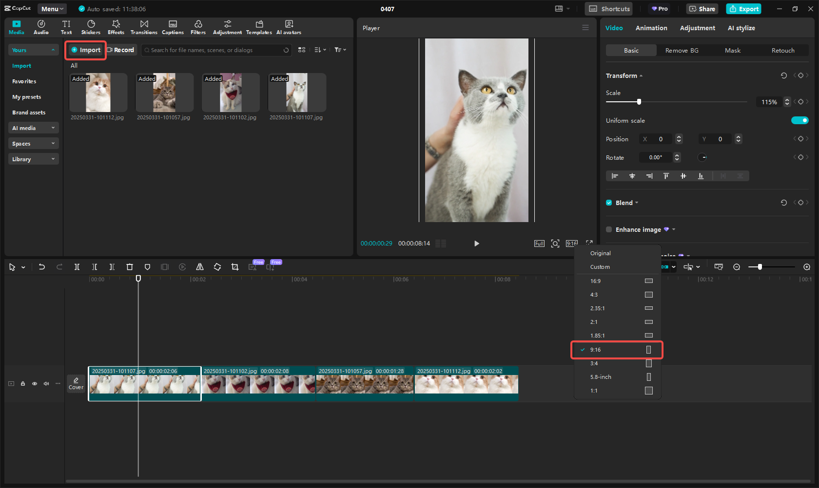 Importar a imagem / vídeo no CapCut