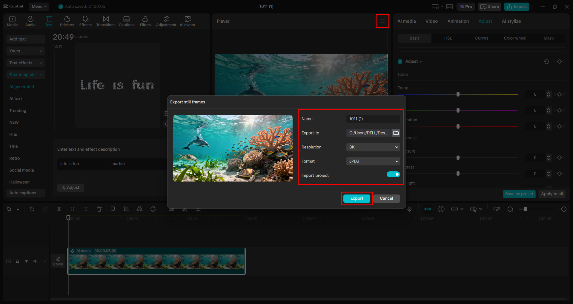 Exporting the image from the CapCut desktop video editor