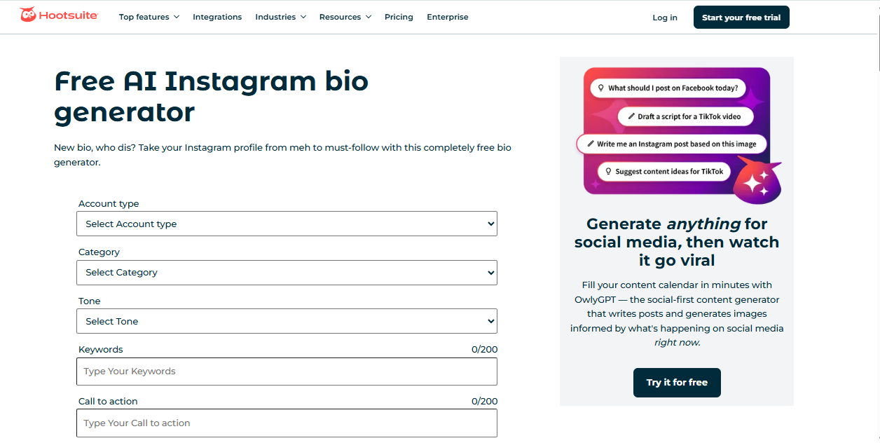 Hootsuite - a well-known instagram bio generator with emoji copy and paste
