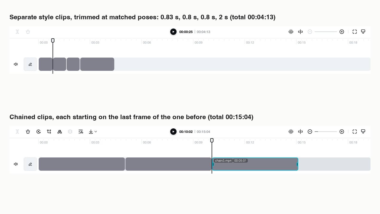 Two CapCut editor timelines: four short clips on the main track totaling 00:04:13, and three 5-second clips on the main track totaling 00:15:04.