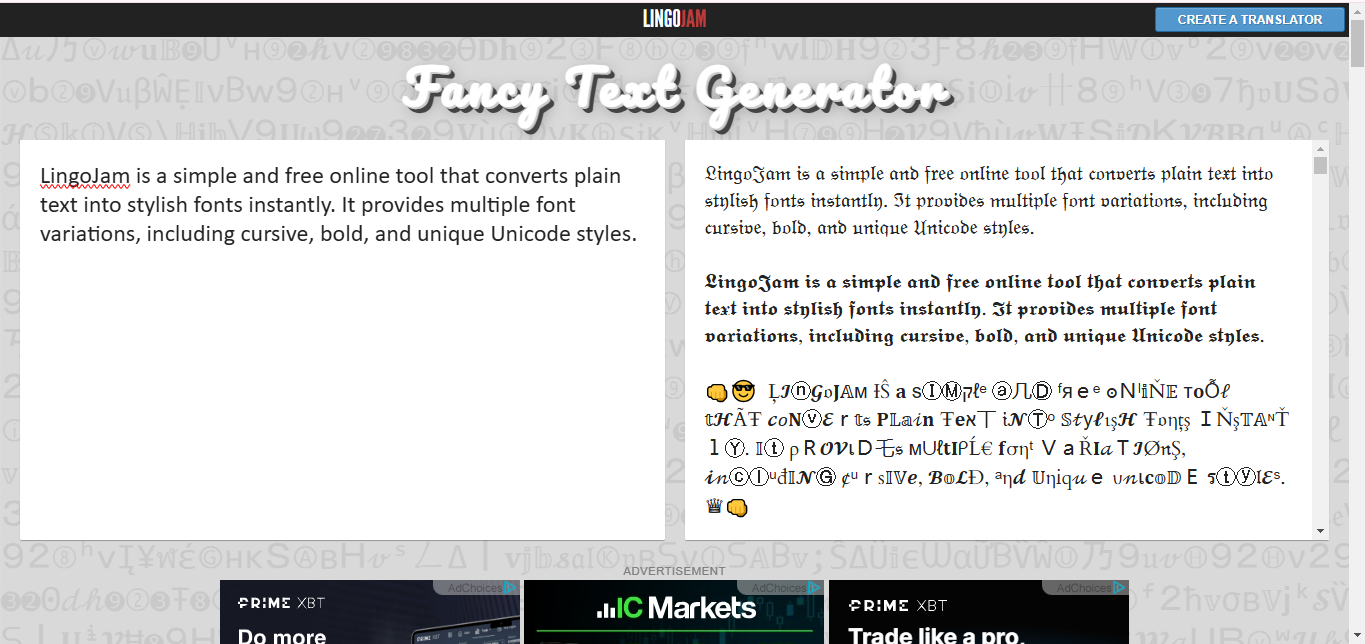 Interfejs LingoJam - niezawodny fantazyjny generator pisania kursywą