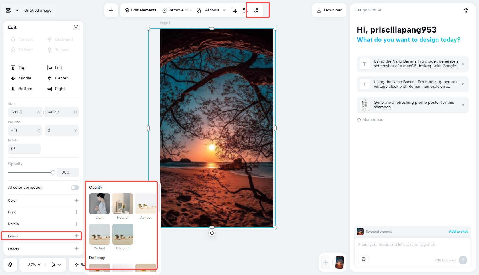 Adding filters to the photo in CapCut