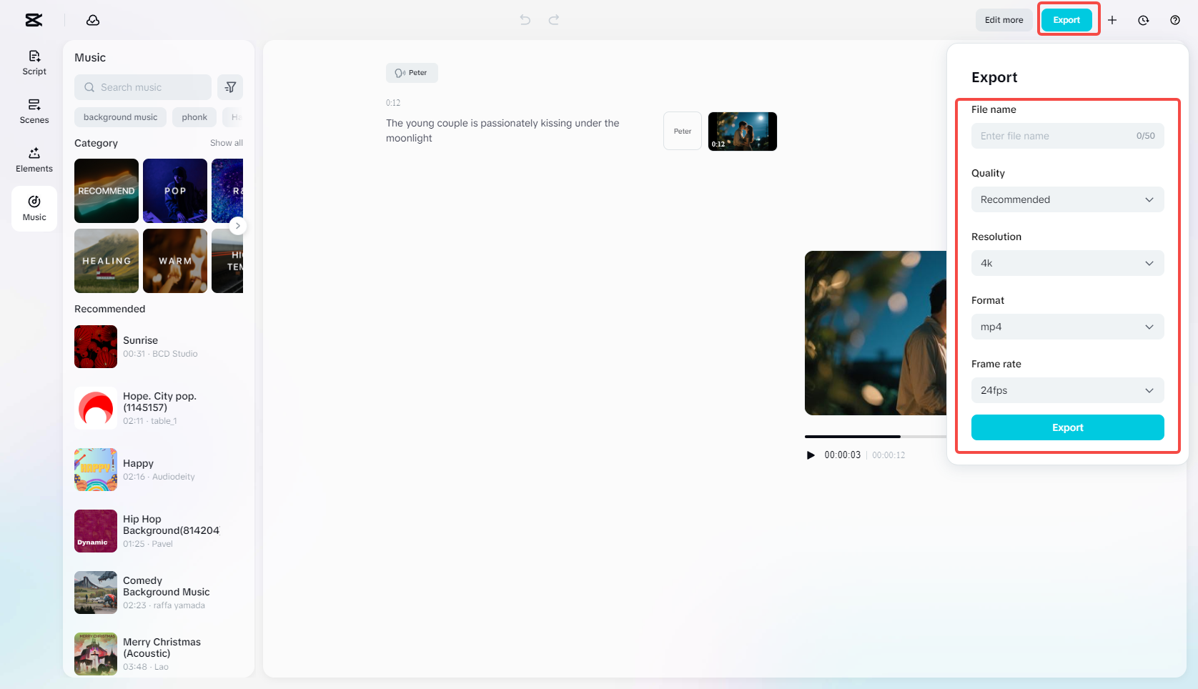 Exporting the video in CapCut