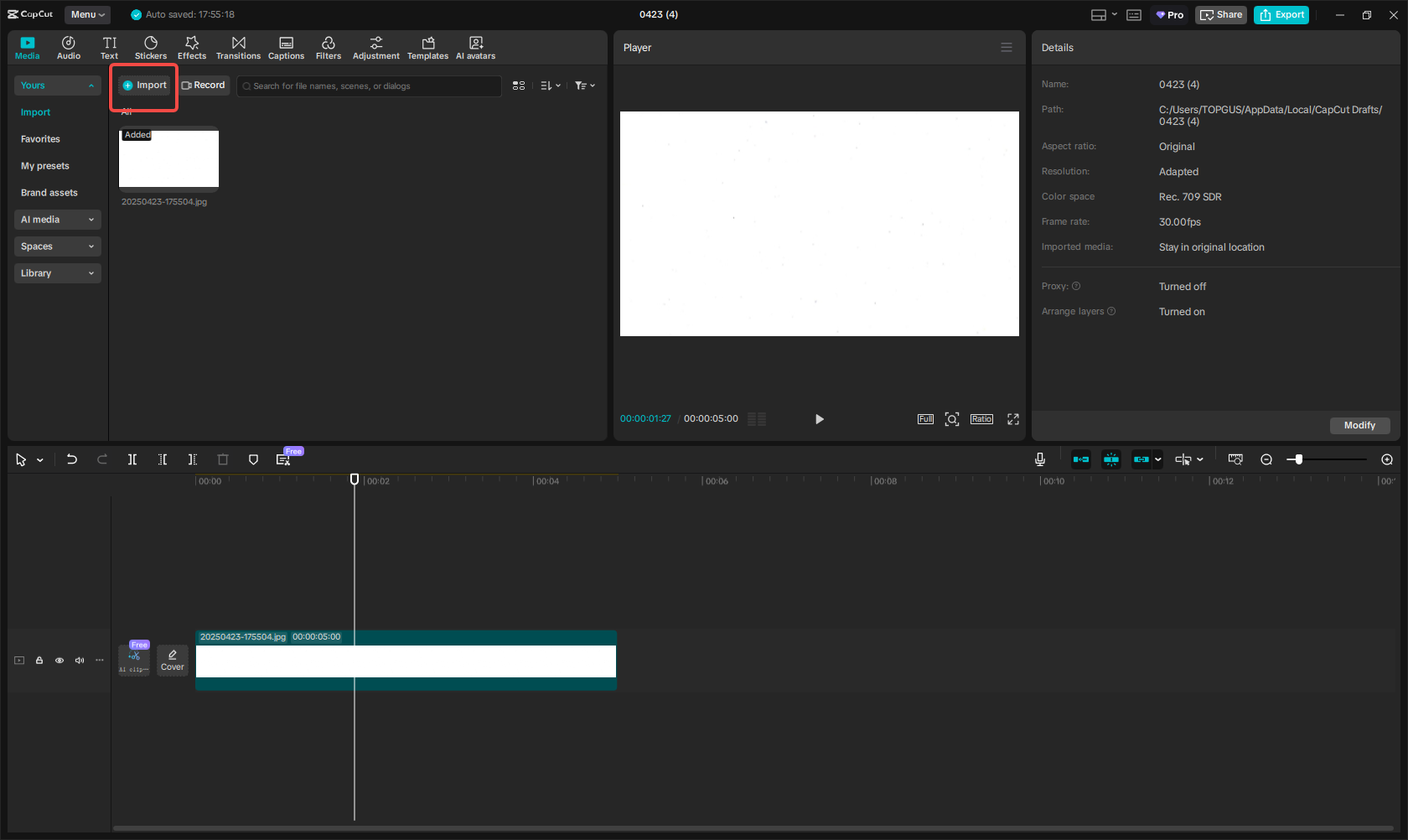 Fehér háttér videó/kép importálása