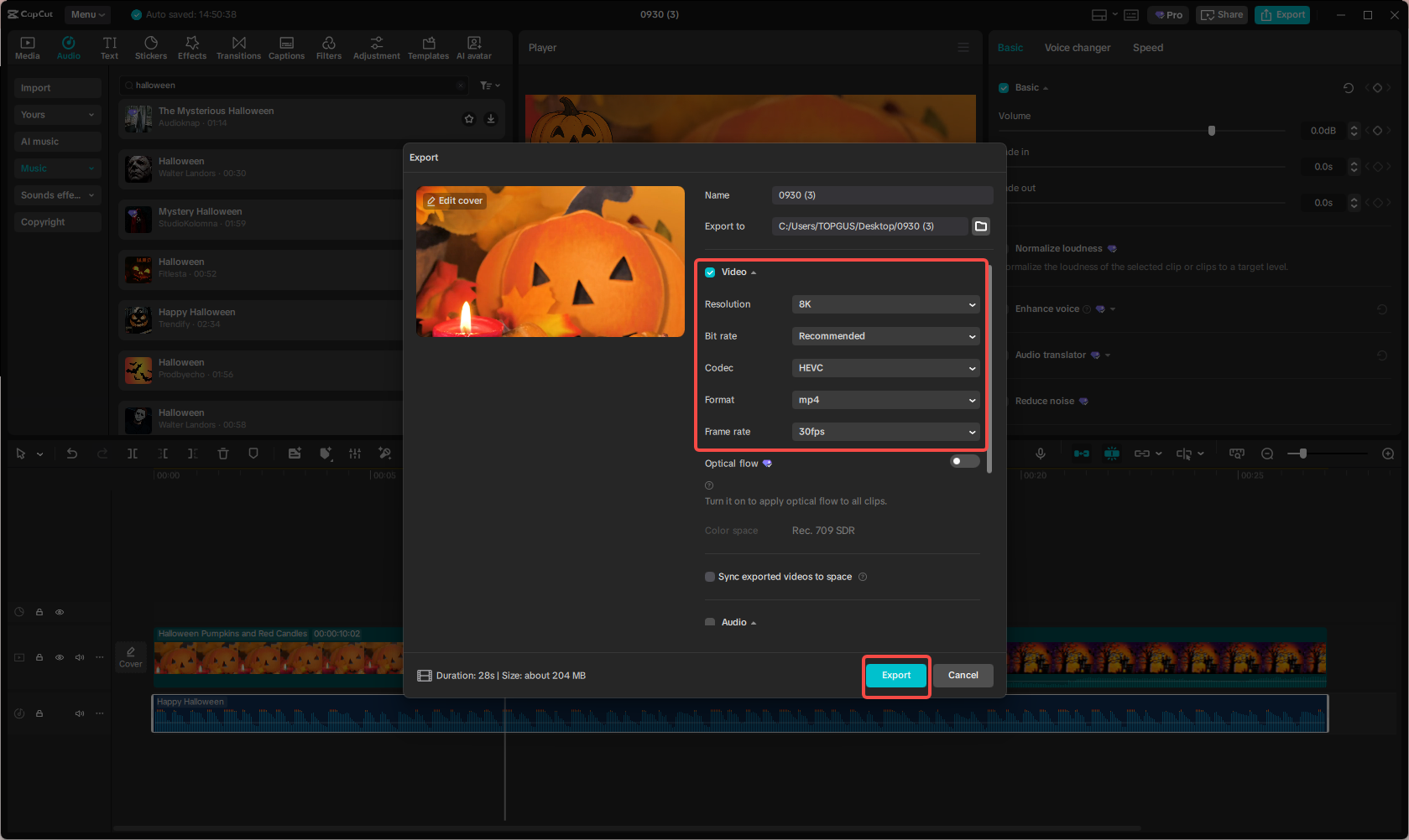 Export the Halloween video for kids