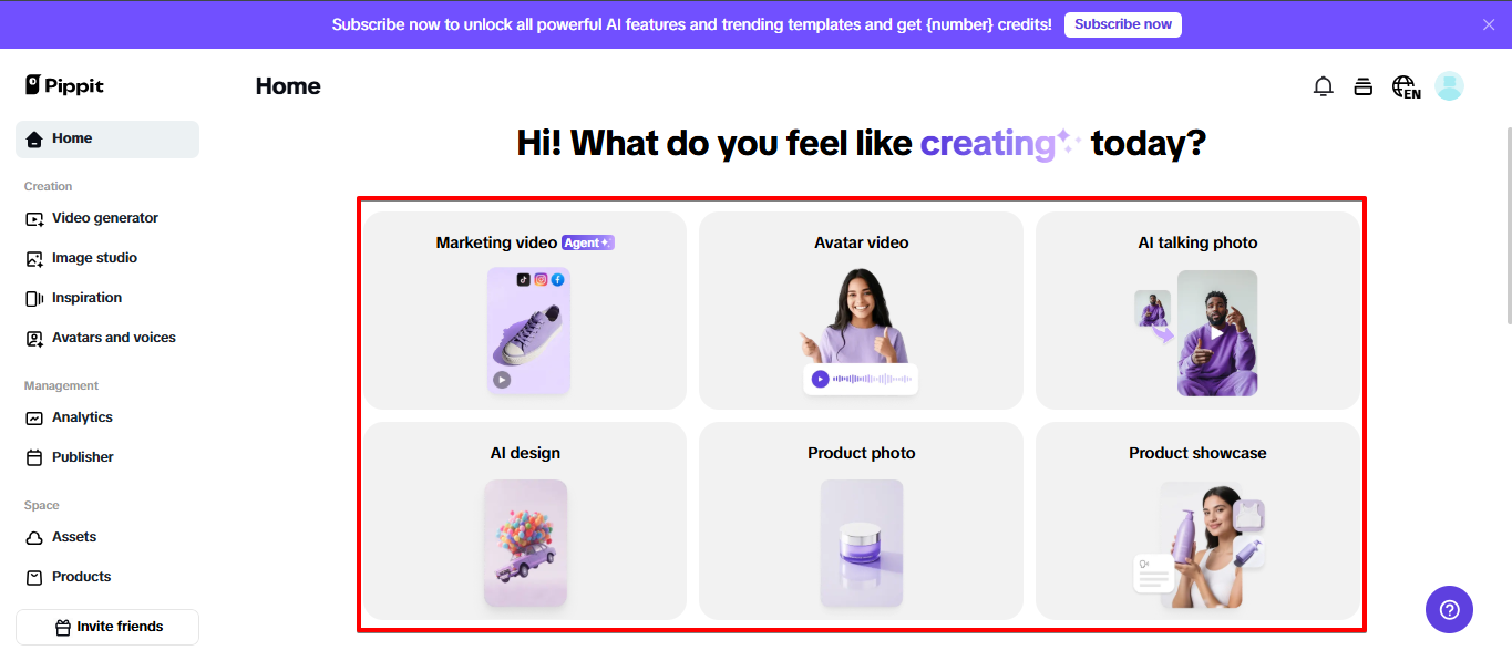 Página inicial do Pippit