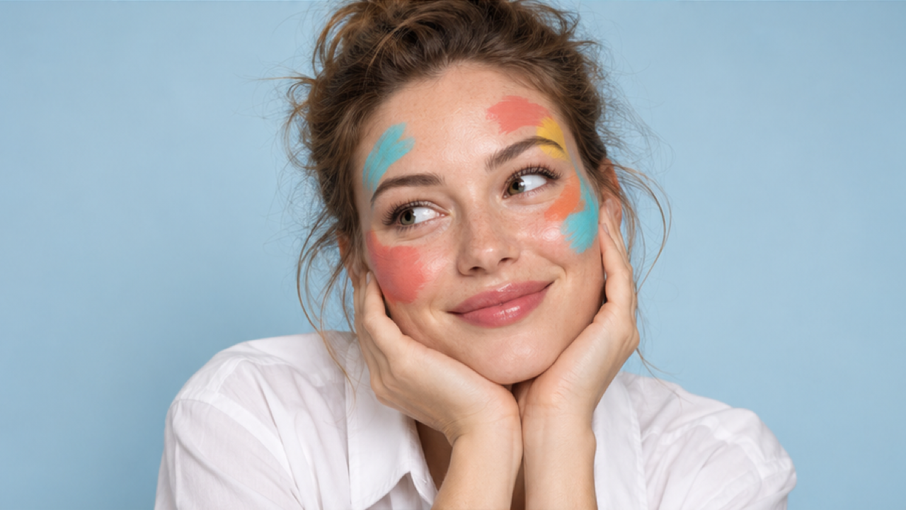 16: 9 portret jucăuș de frumusețe premium al unei femei adulte în cămașă albă de bumbac, coral neregulat intenționat și patch-uri de machiaj turcoaz pe obraji și frunte, mic accent galben deasupra sprâncenelor, ochi neobstrucționați, zâmbet amuzat, studio albastru pal, fără instrumente sau text.