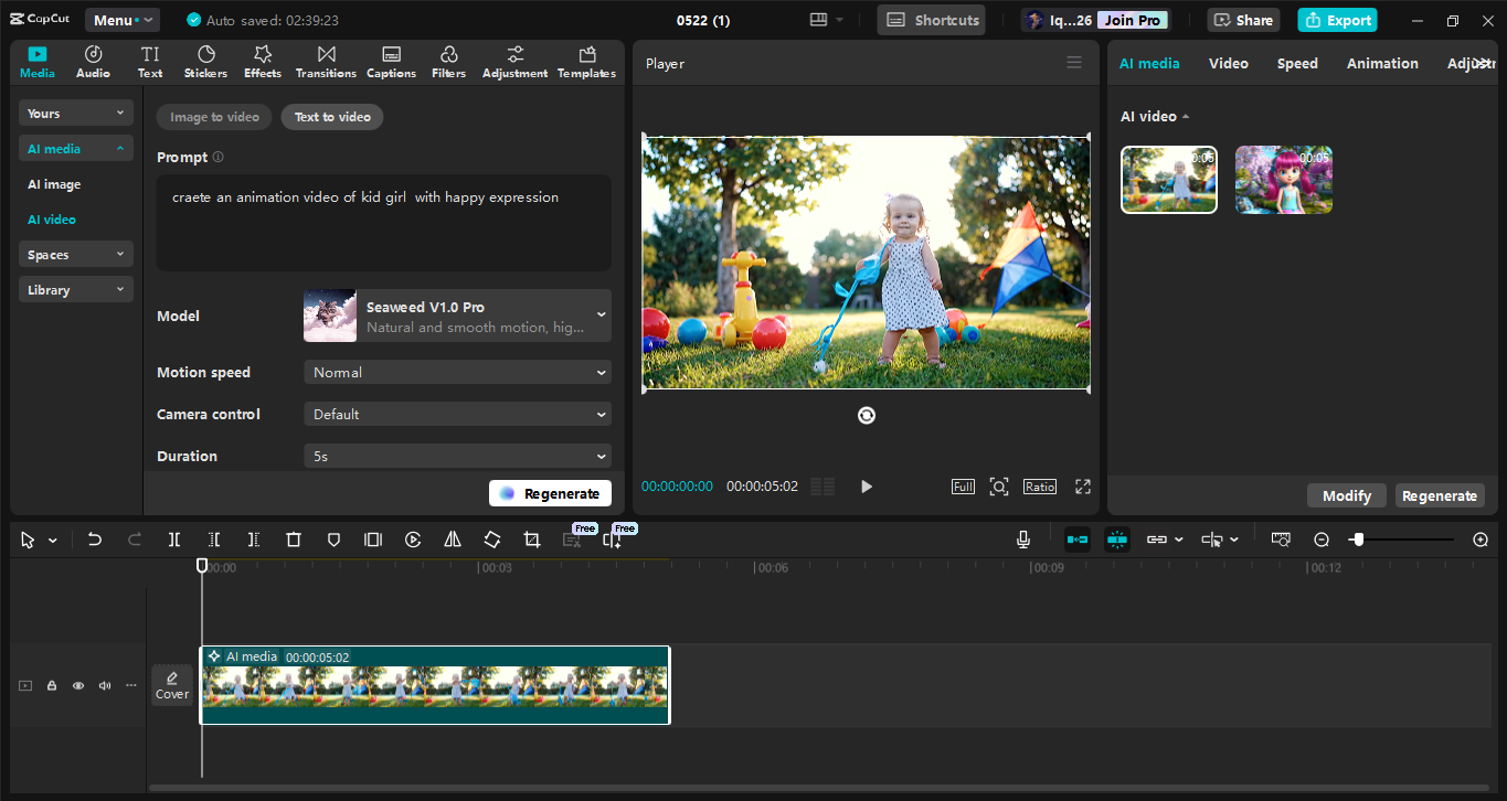 Antara muka CapCut editor video desktop