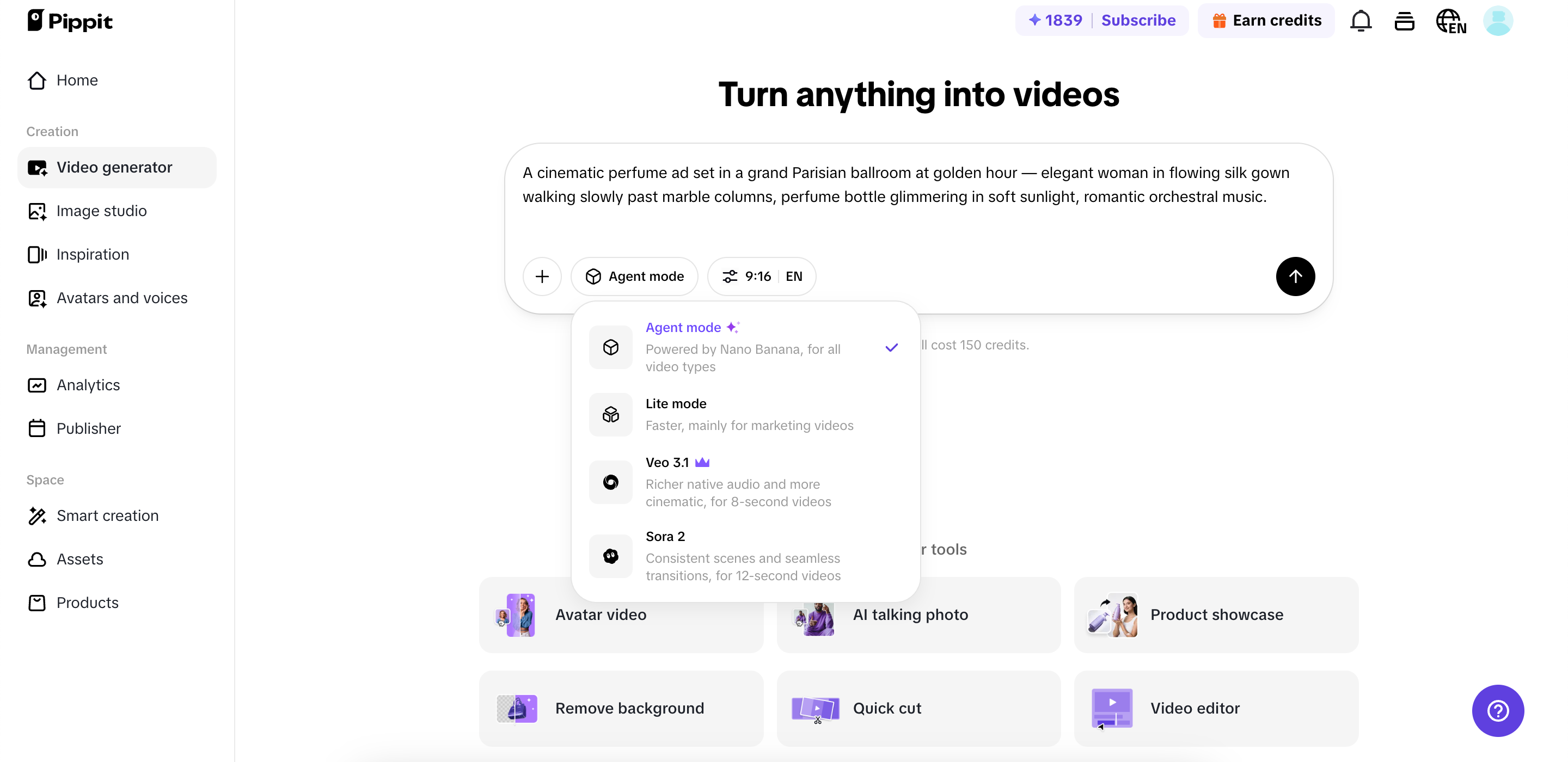 Creating video in Pippit