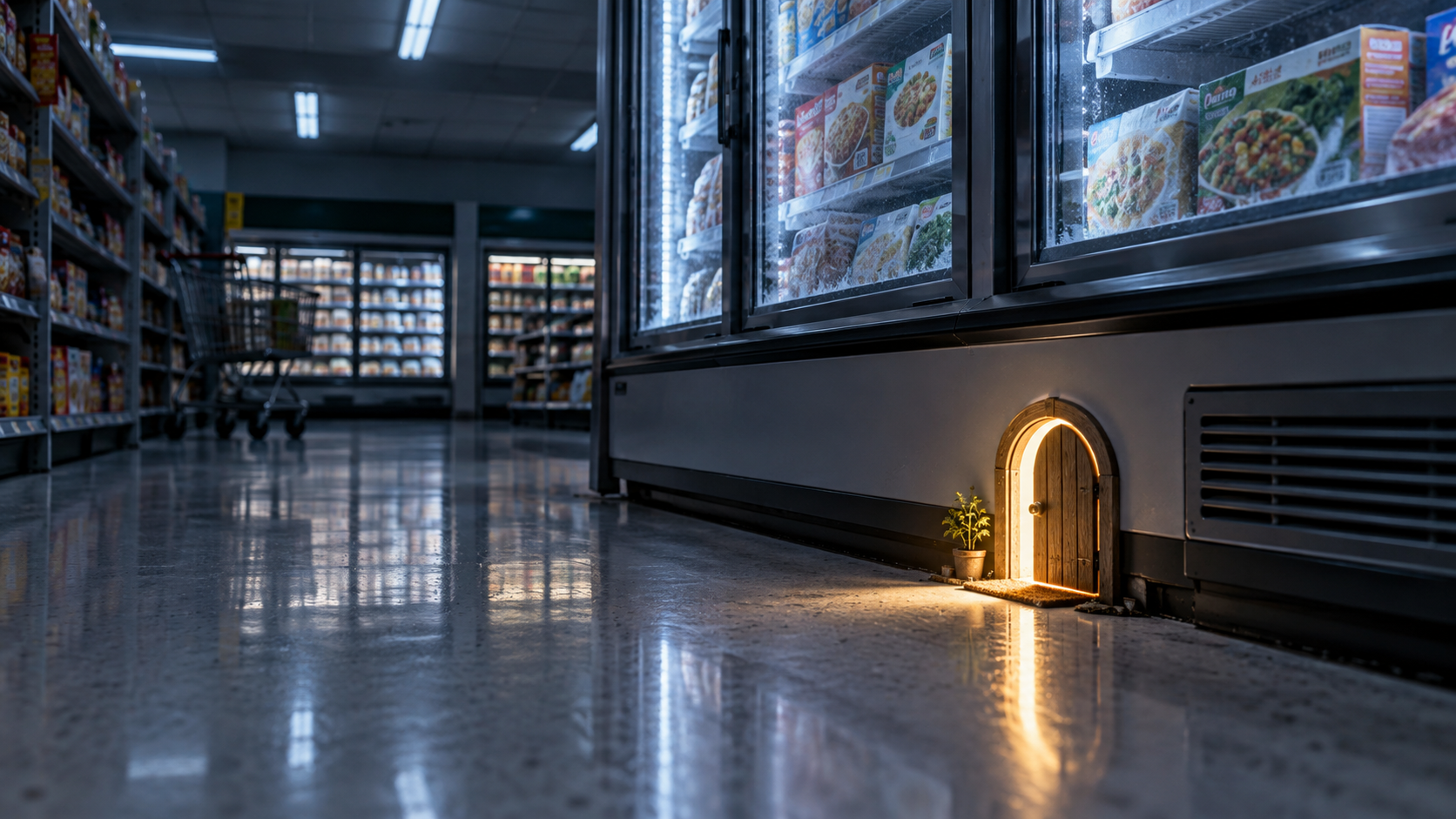 IA prompts de imagens estranhas: porta minúscula no supermercado
