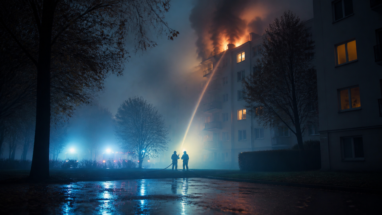 Fictional berlin apartment fire viral video concept: copy and paste a courtyard response prompt