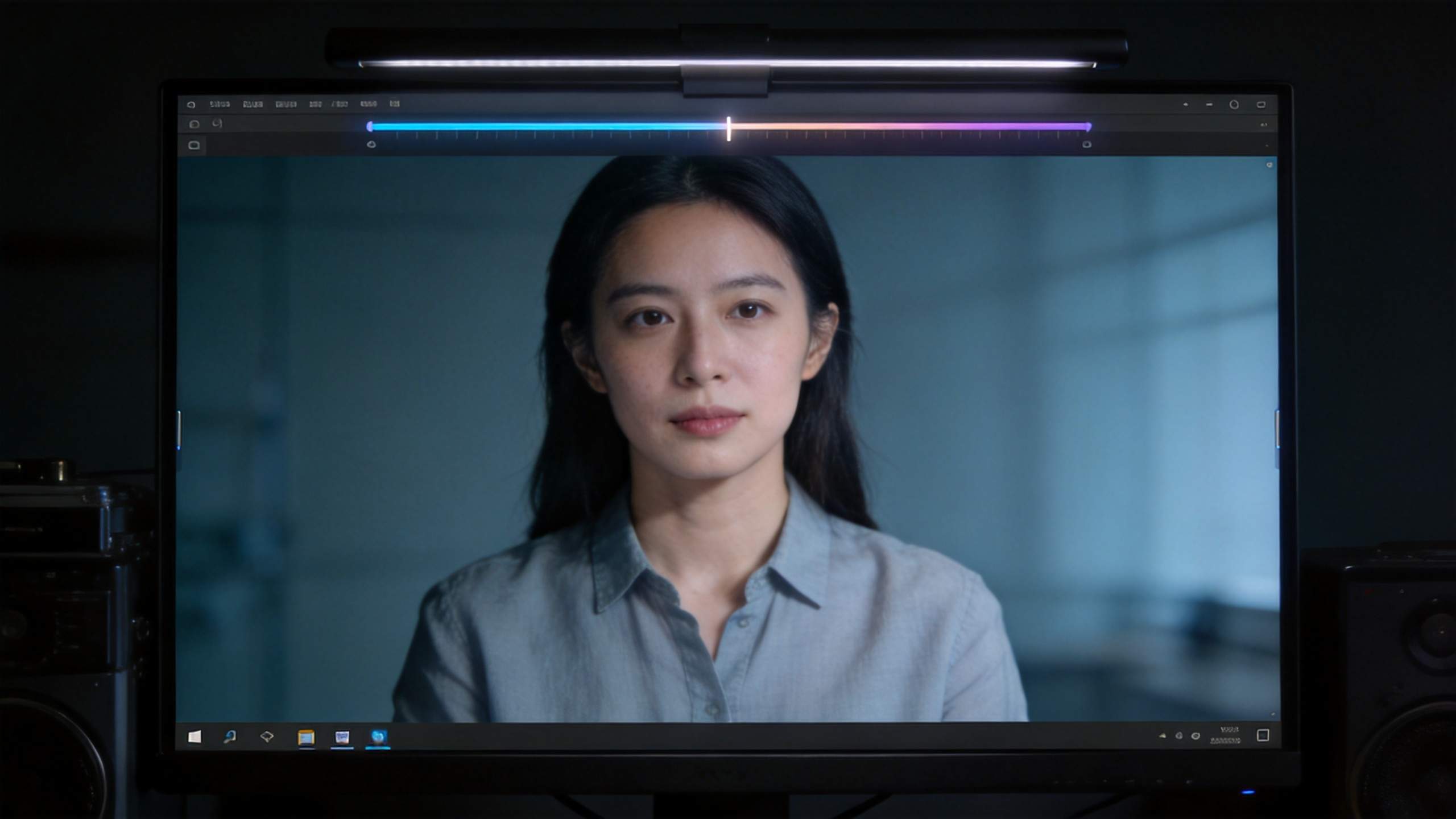Video editor preview with a woman centered on screen and a colorful progress bar across the top