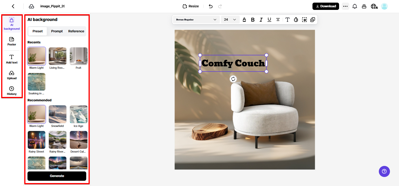 Criando uma imagem de produto no Pippit