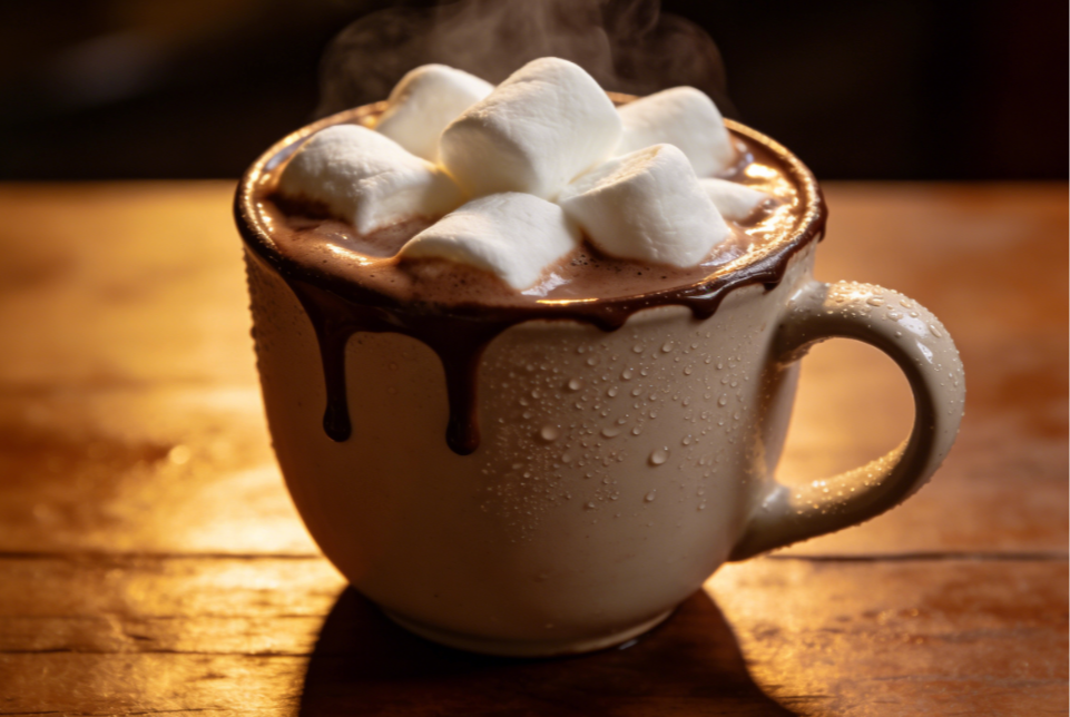A cup of warm chocolate topped with marshmallowsA cup of warm chocolatetoppedwithmarshmallows