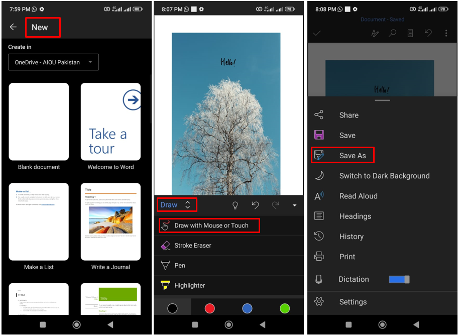 Gambar yang menunjukkan cara menulis teks di atas gambar di Word menggunakan ponsel