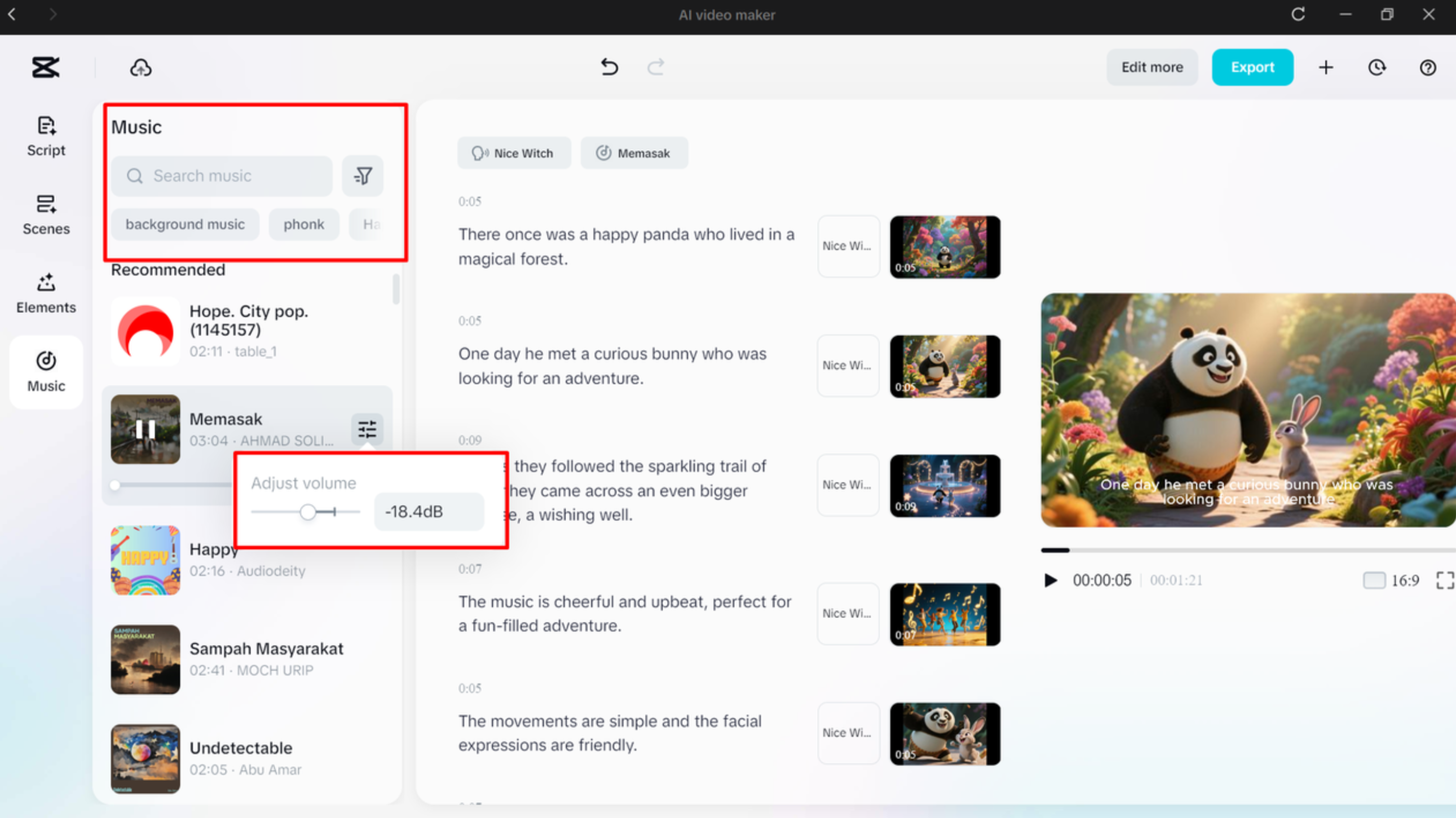 Adding the background music to the AI-generated video in CapCut's AI video generator