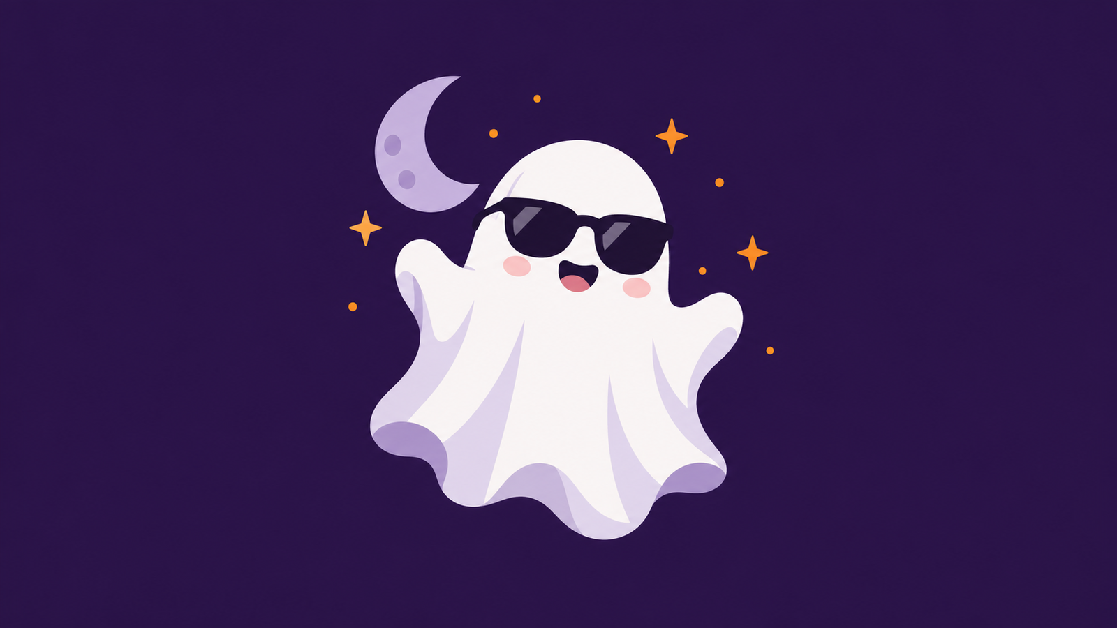 Ghost avatar: Cute illustrated white-sheet ghost with sunglasses on dark purple background, bold clean shape, centered avatar