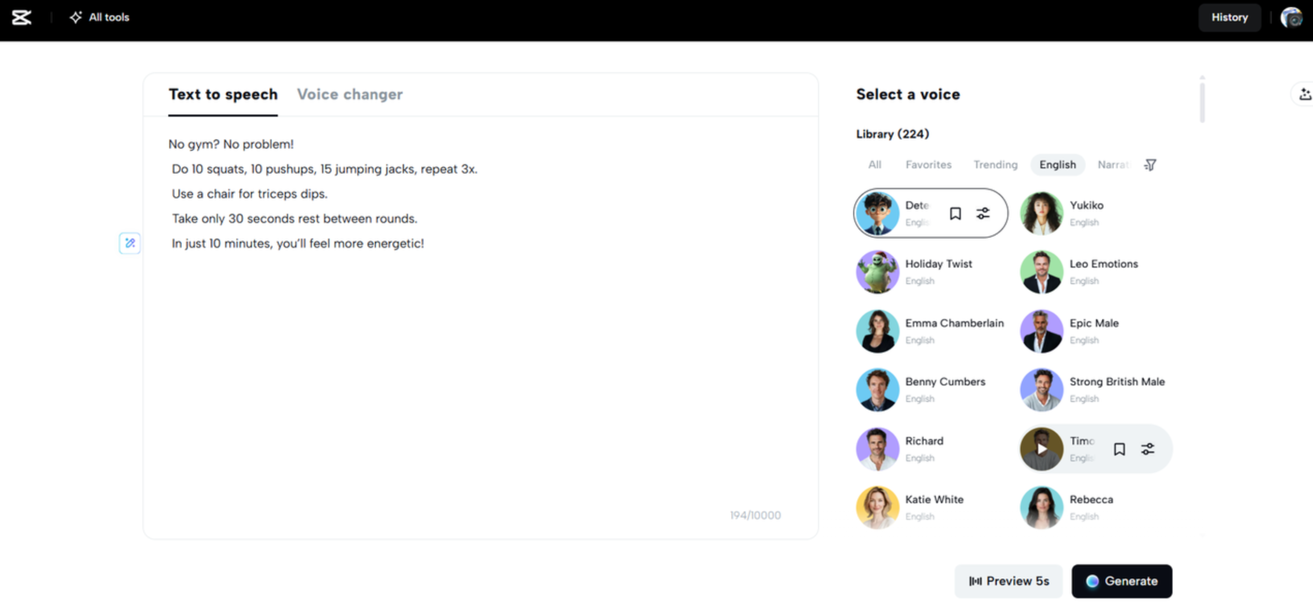 Interface of CapCut Web - a user-friendly tool to convert text to speech