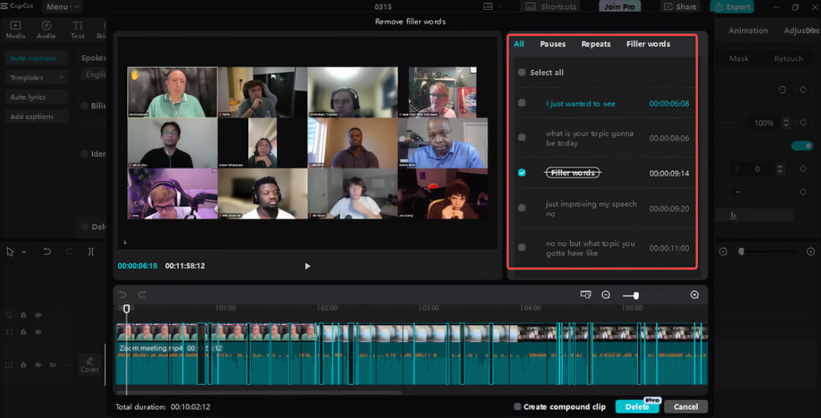 Editing and enhancing the Zoom video in CapCut