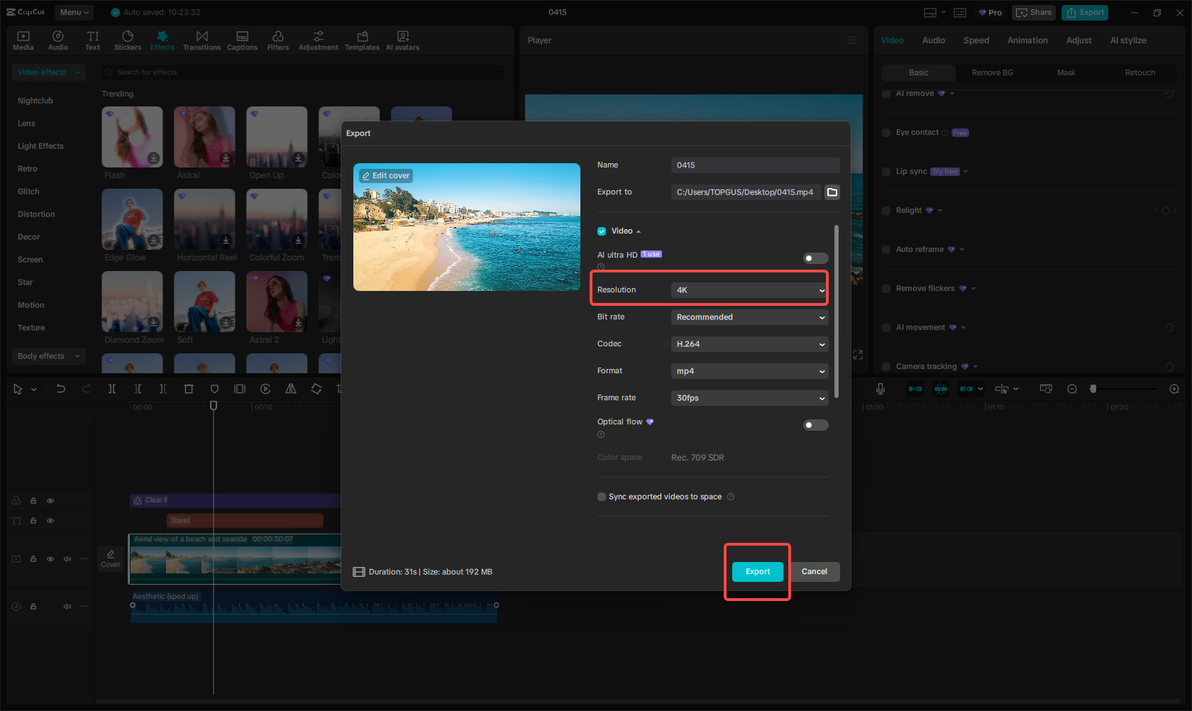 Exportar fondo de video 4K