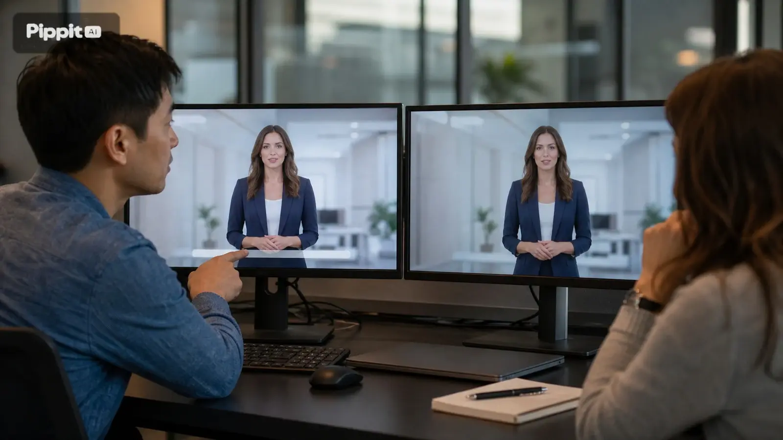 Két ember néz egy AI avátort dupla monitorokon egy irodában