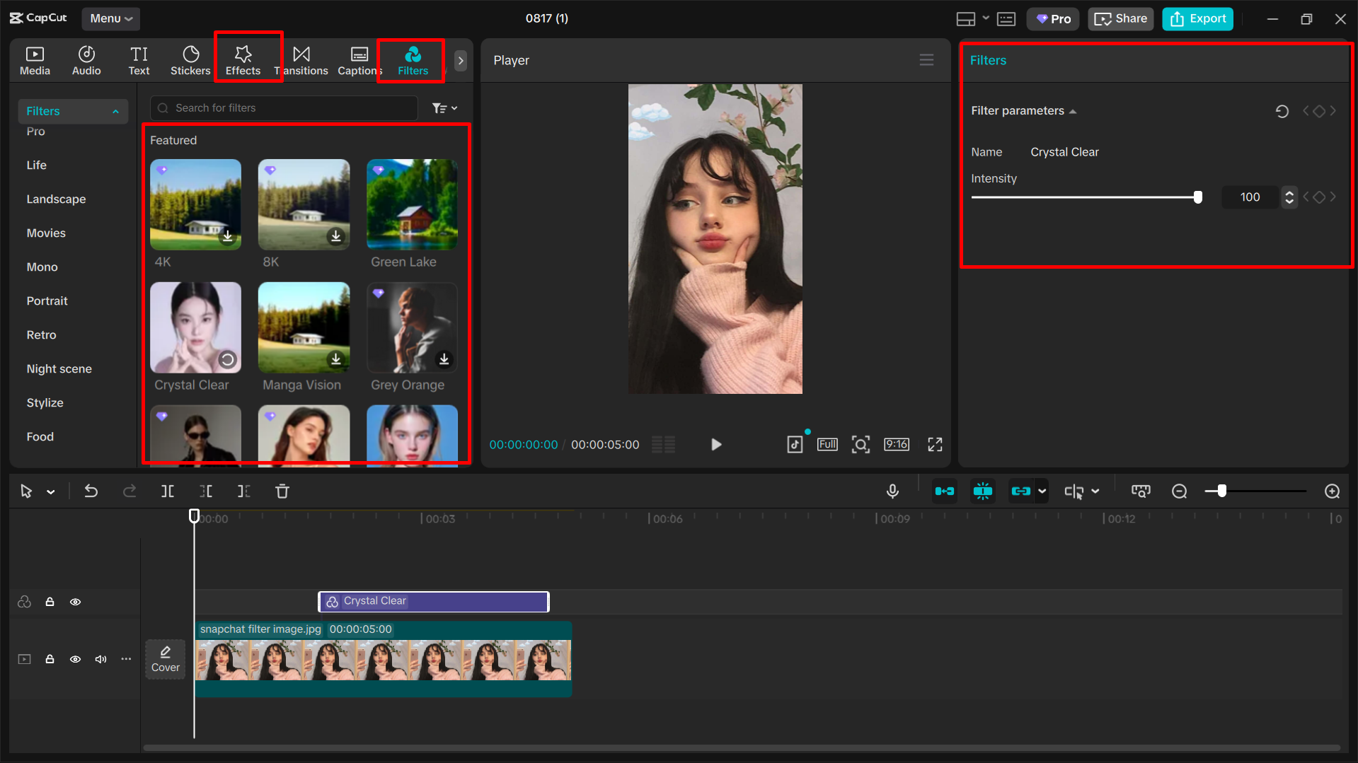 Adding filters and effects to a video in the CapCt desktop video editor