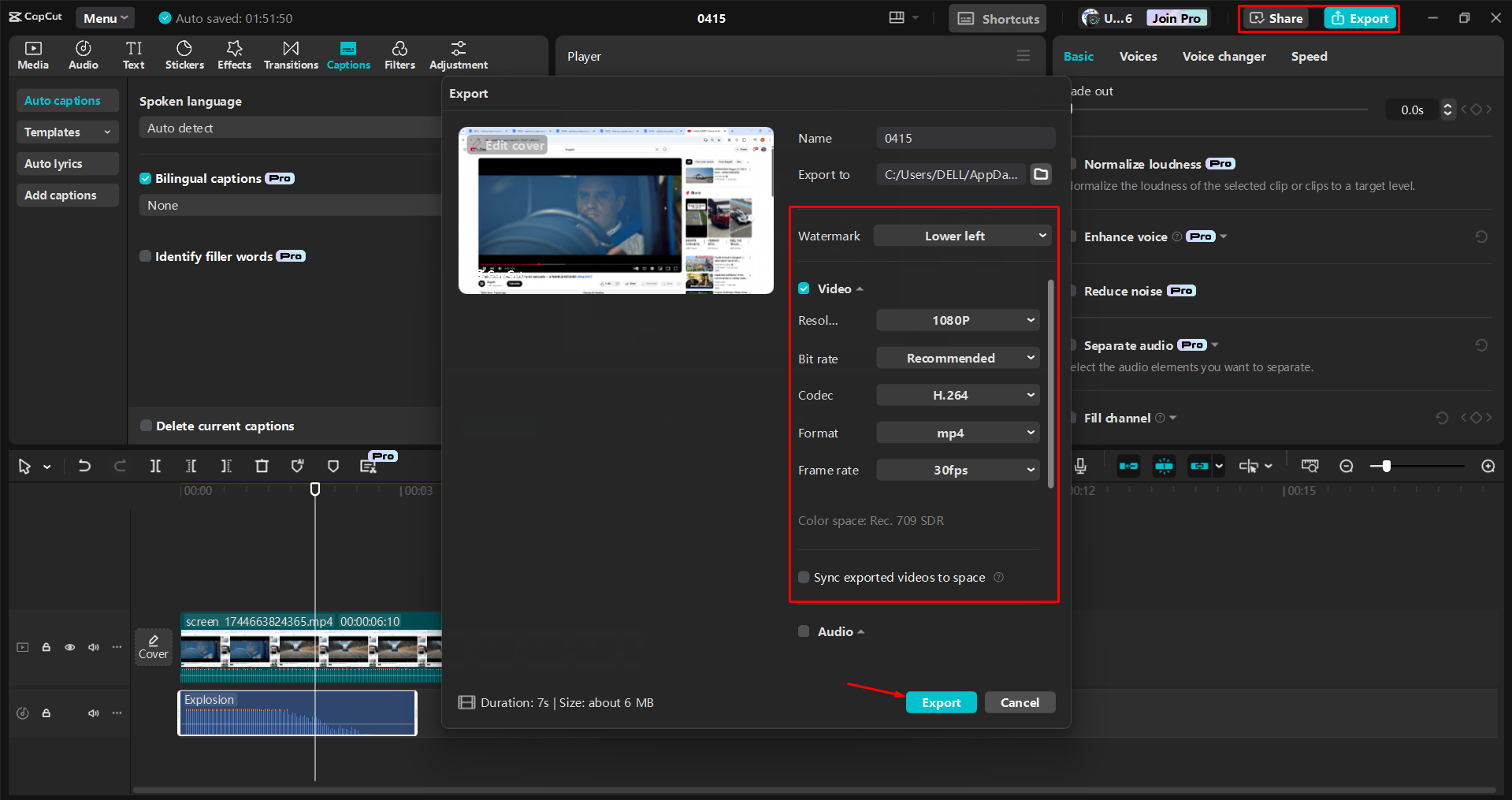 Exporting a video from the CapCut desktop video editor