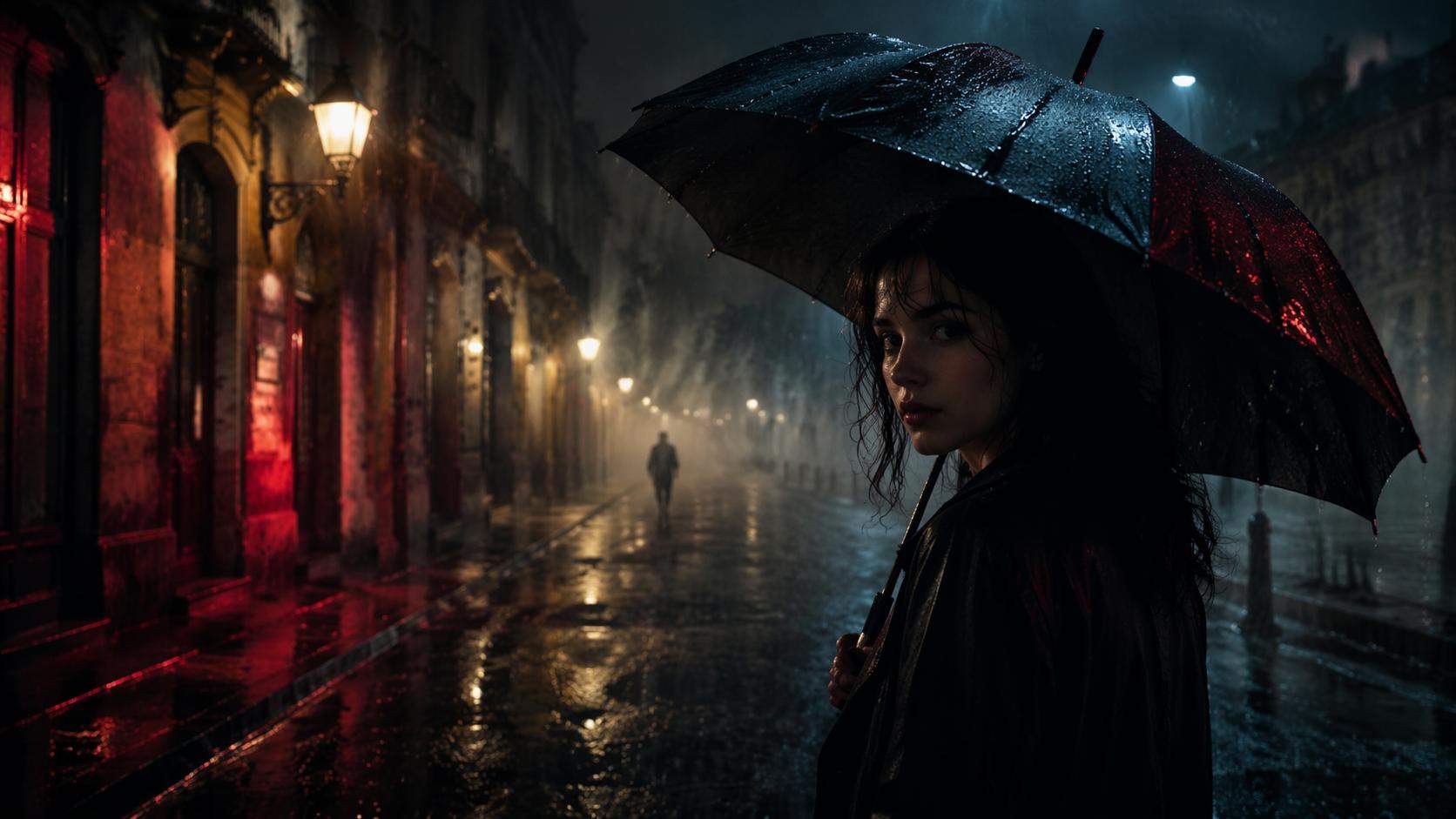 Dreamina horror girl prompts prompt example 6: Rainy street mystery