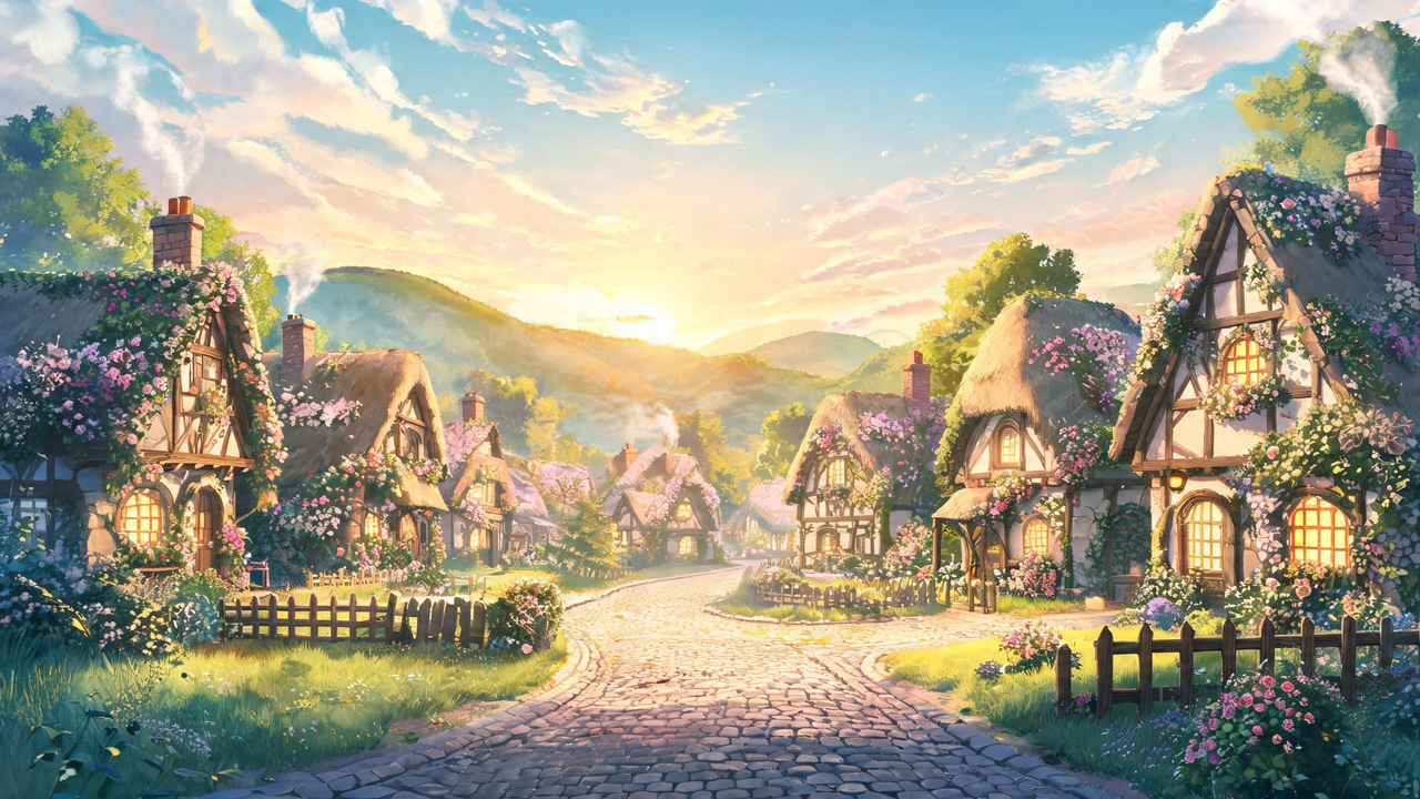 Fantasy village at sunrise