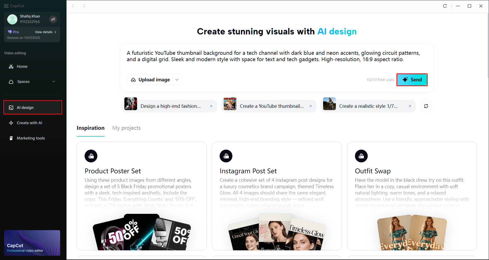 Opening the AI Design tool in the CapCut desktop video editor