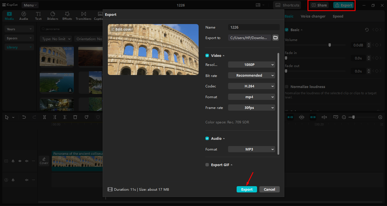 Exportieren des Panoramavideos im CapCut Desktop-Video-Editor