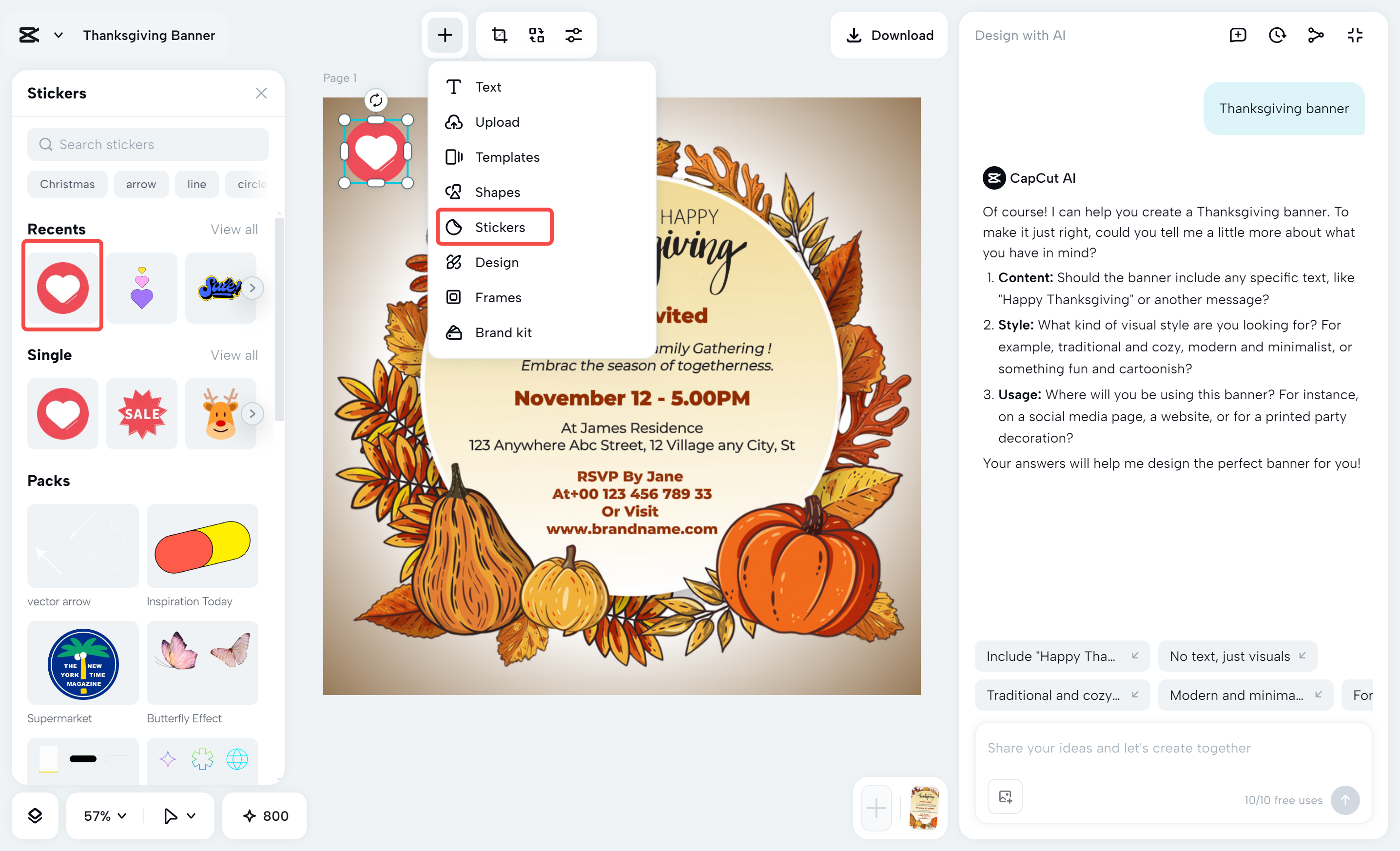 Adding stickers to the Thanksgiving flyer in the CapCut desktop video editor
