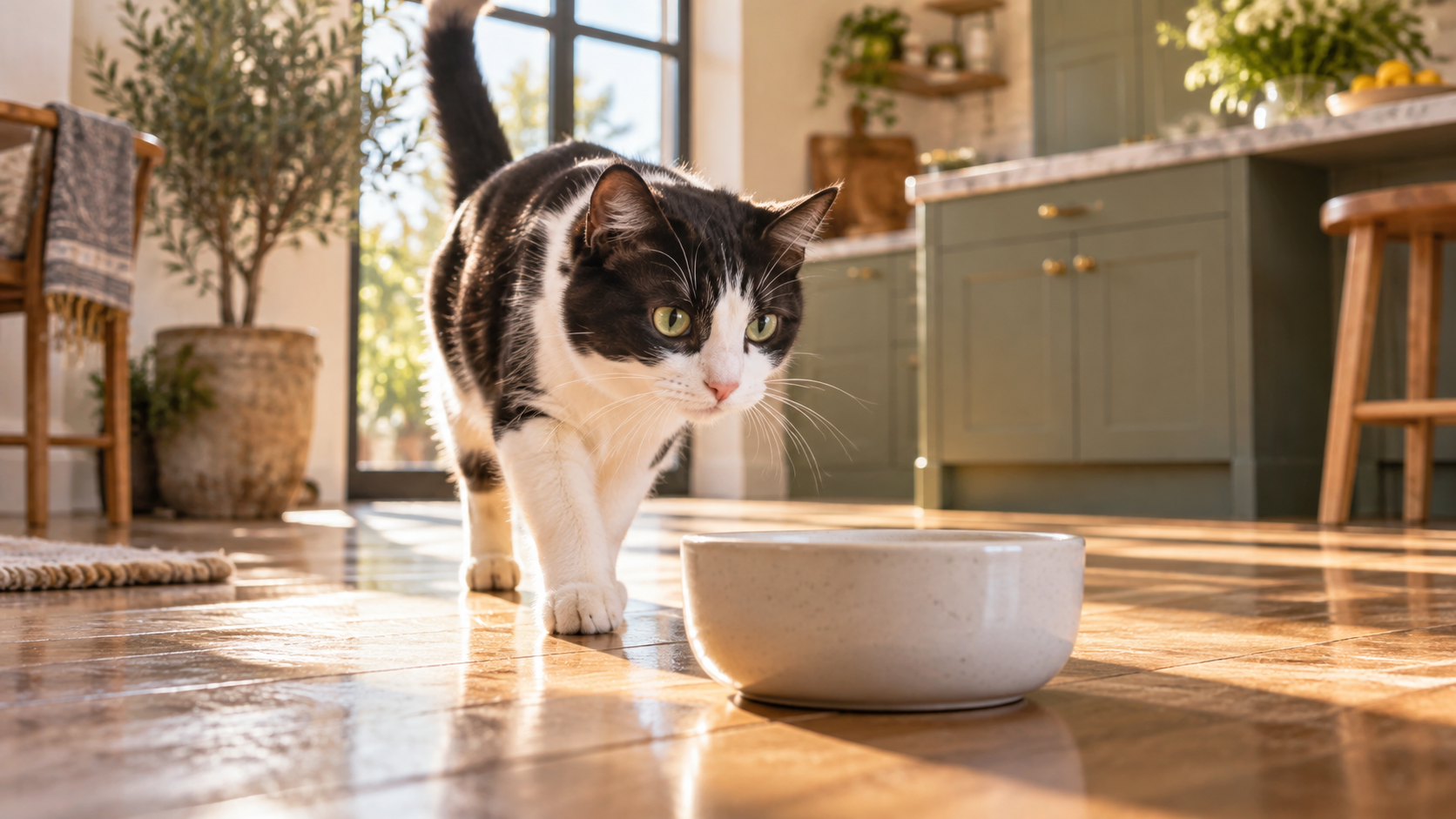 Schwarz-Weiß-Katzen-Werbung: Morgenspaziergang zu einem Keramiknapf