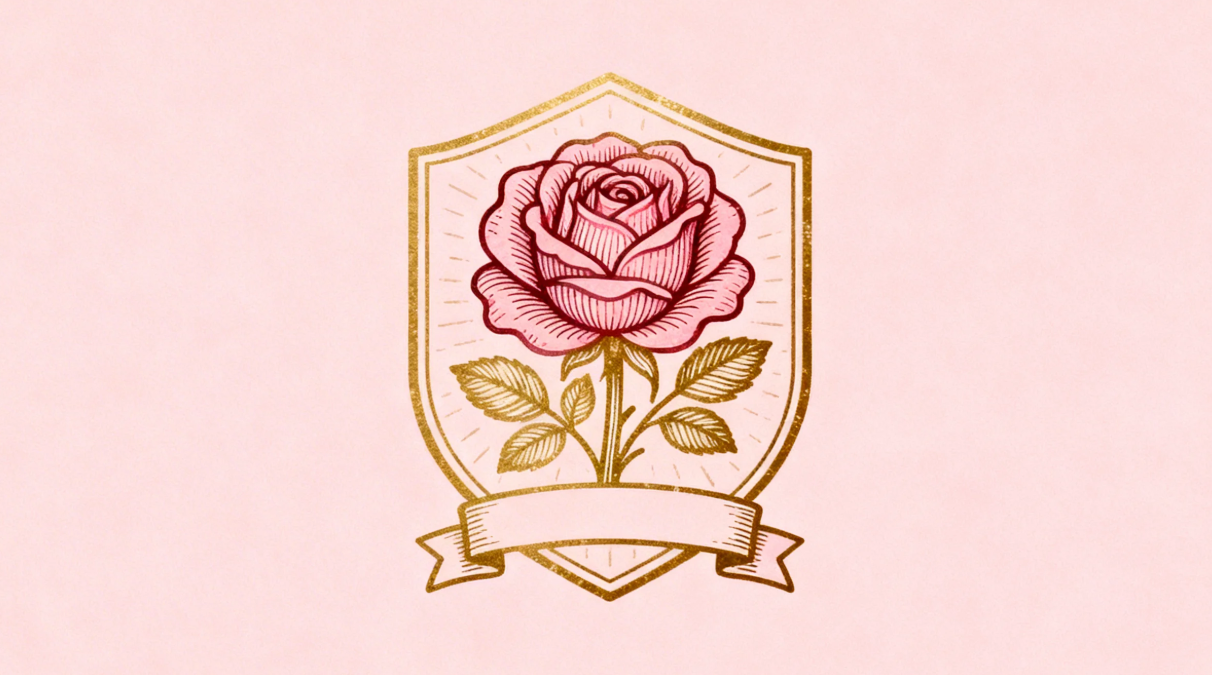 手描きの柔らかな線で表現された甘いバラのエンブレム