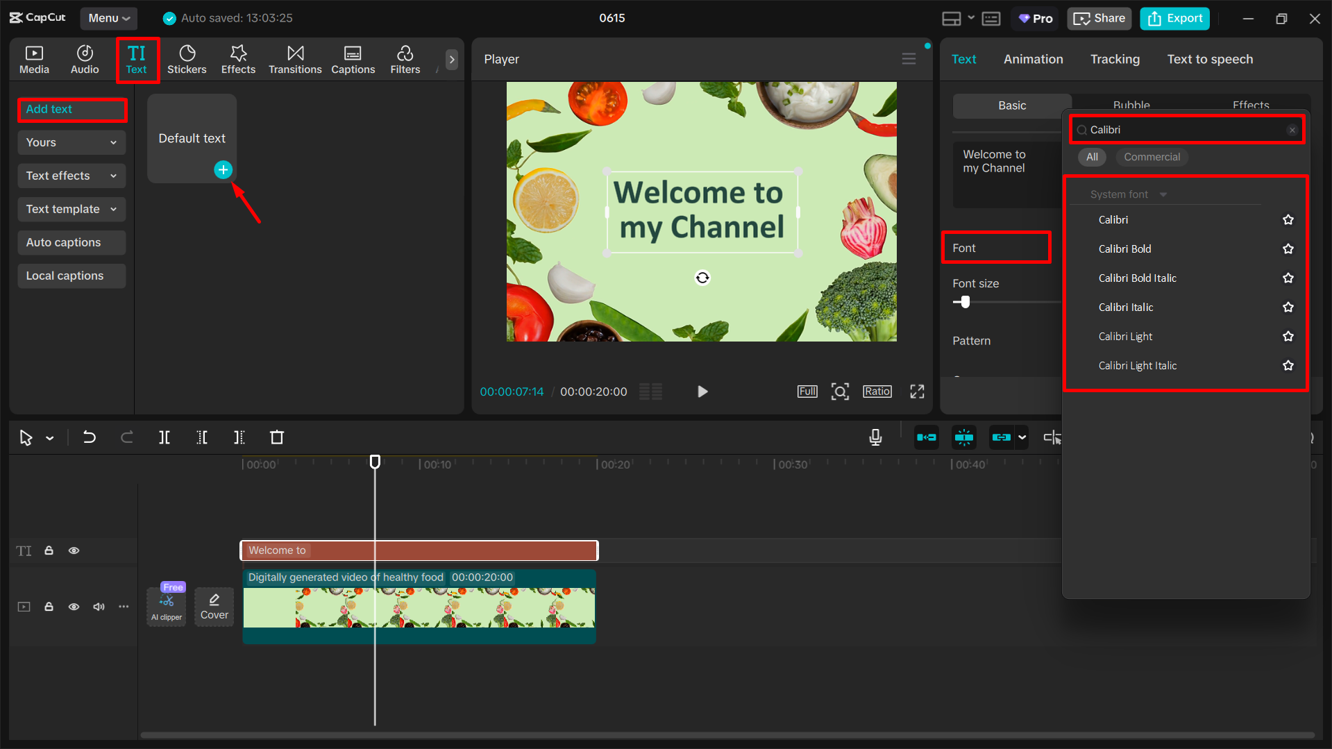 Adicionando fontes Calibri ao texto no editor de vídeo para desktop CapCut