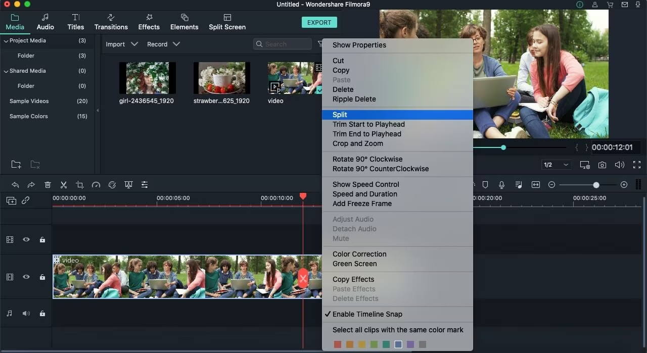 Interface of Filmora Video Editor - the best tool to split a movie