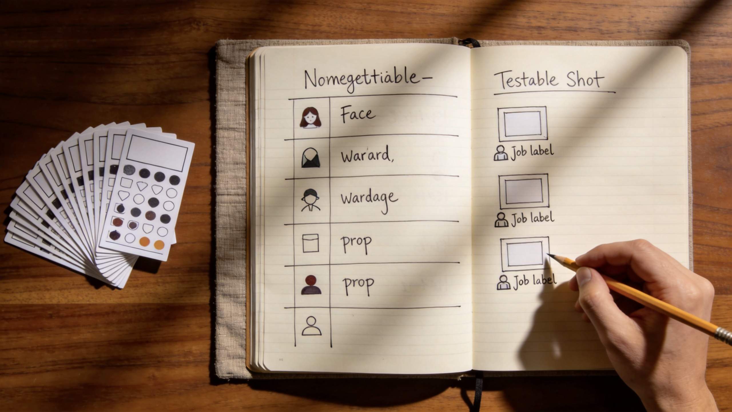 Hand writes in a notebook beside card sketches and labeled scene elements on a wooden desk.
