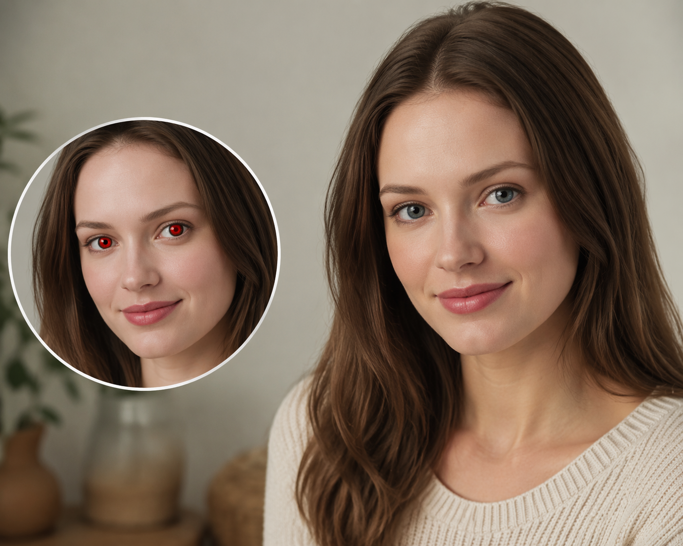 Dreamina entfernt rotes Auge aus der Fotoaufforderung Beispiel 4: Warmes Innenporträt