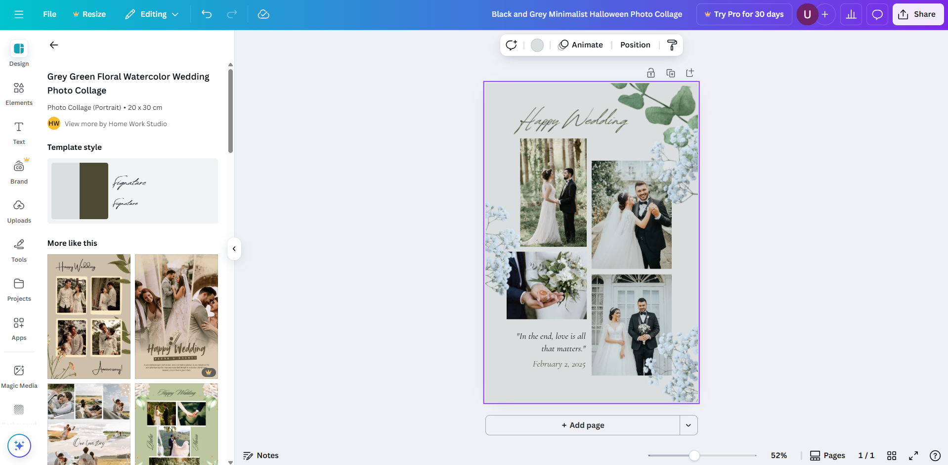 Elegante collage de fotos de boda con colores suaves