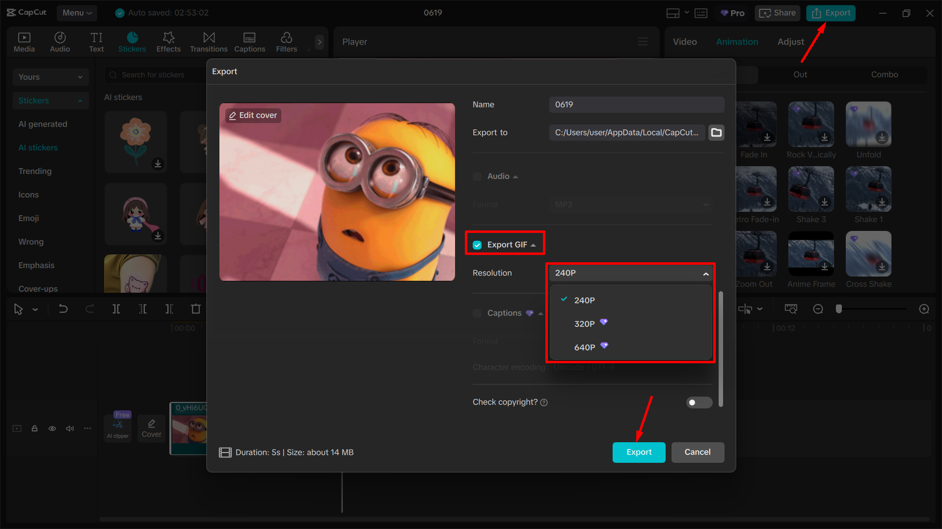 Exporting the GIF from the CapCut desktop video editor